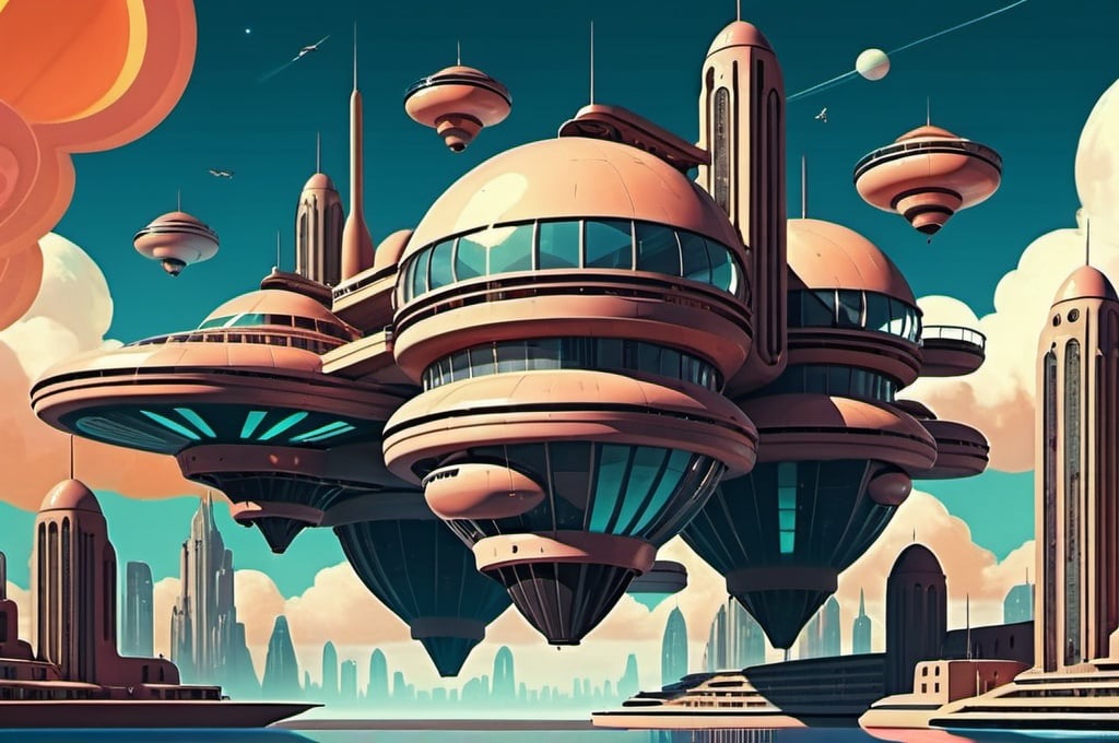 Prompt: Retro futurist floating sky city 