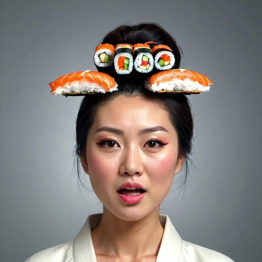 Prompt: Asian woman with sushi coming out of her head. HDR. UHD. 8K. Photorealistic. Full length. Full body. 