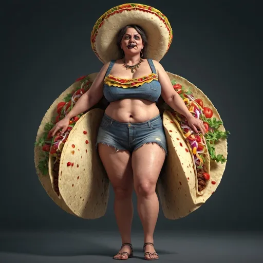 Prompt: Grotesque taco woman. Full length. Full body. 8K. HDR. UHD. Photorealistic. Super detailed. 
