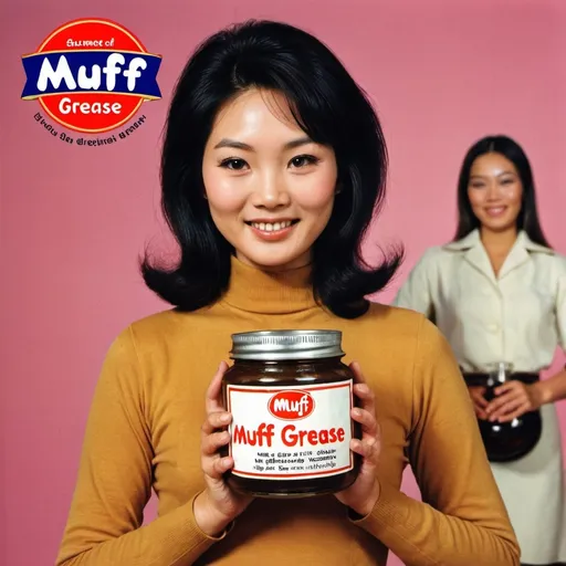 Prompt: Advert for “Muff Grease”. Pretty Asian woman holding jar. 1970s style