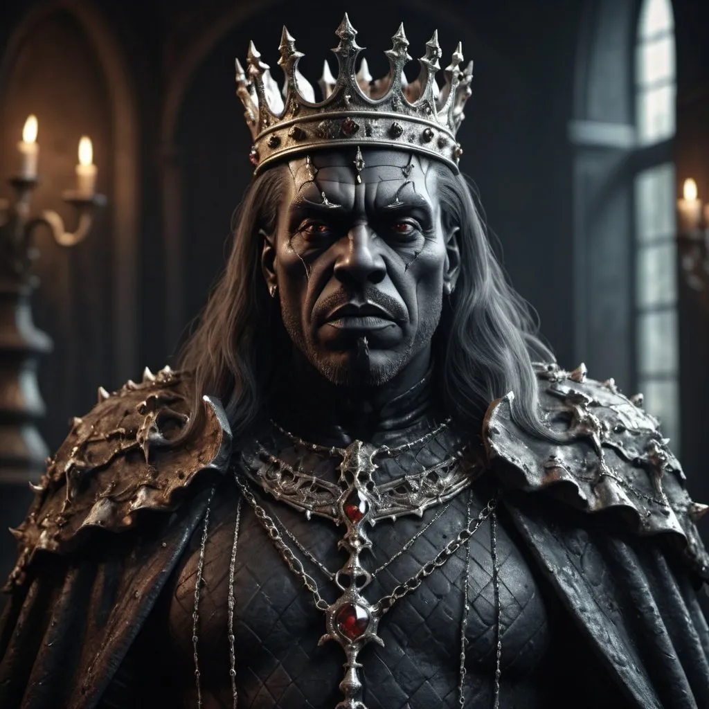 Prompt: Grotesque handsome dark king. UHD. HDR. 8K. Photorealistic. Full length. Full body 