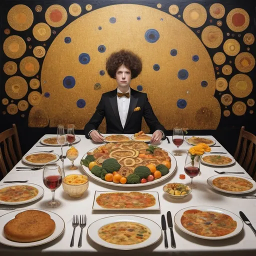 Prompt: Surreal dinner. Style of Klimt. 