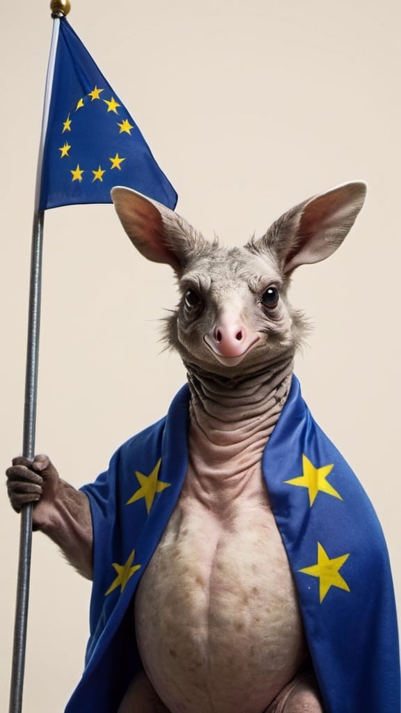 Prompt: Weird animal holding European flag