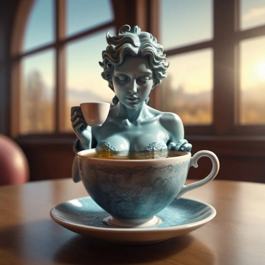 Prompt: Fantasy statue in cup of tea. Surrealism. Photorealistic.HDR. UHD. 8K 