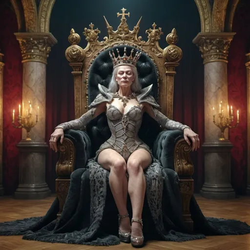Prompt: Grotesque queen on throne. UHD. HDR. 8K. Photorealistic. Full length. Full body 