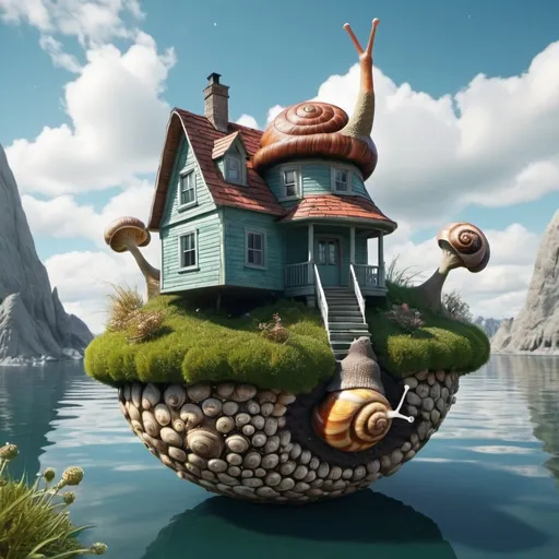 Prompt: Surreal snail house on floating island. Surrealism. UHD. 8K. HDR. Photorealistic 