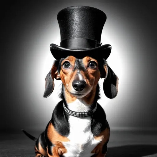 Prompt: Dachshund in top hat UHD. HDR. 8K. Photorealistic. Black and white. 
