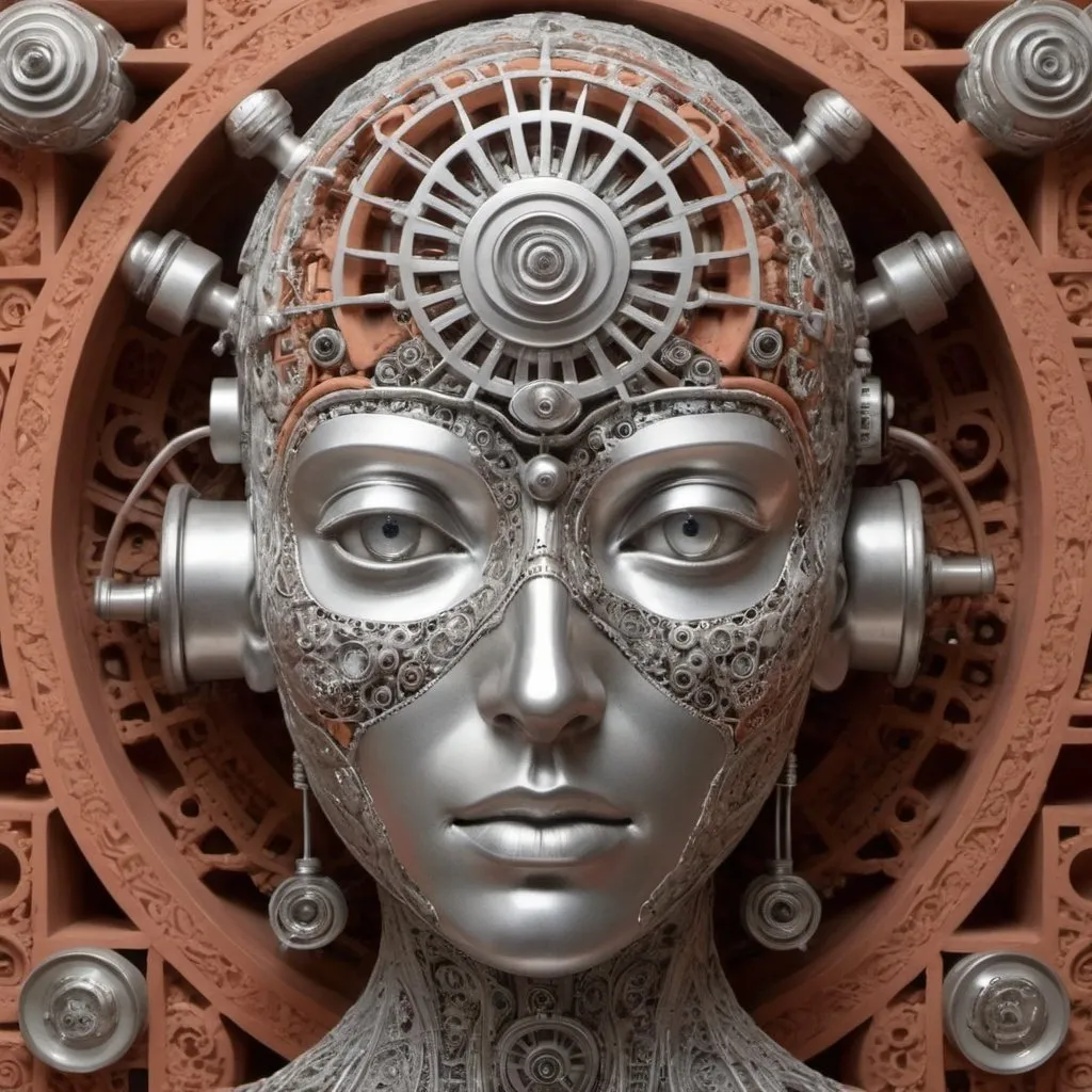 Prompt: Surreal machine. Silver. Terracotta. Complex.