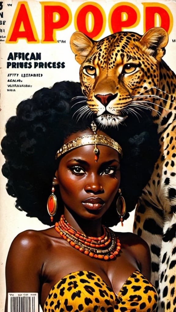 Prompt: African princess with leopard. with Pulp magazine cover. 