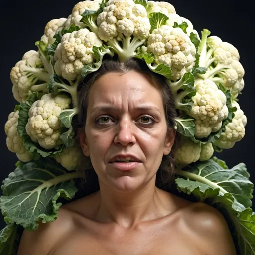 Prompt: Grotesque cauliflower woman. HDR. UHD. 8K. Photorealistic. Full length. Full body. 