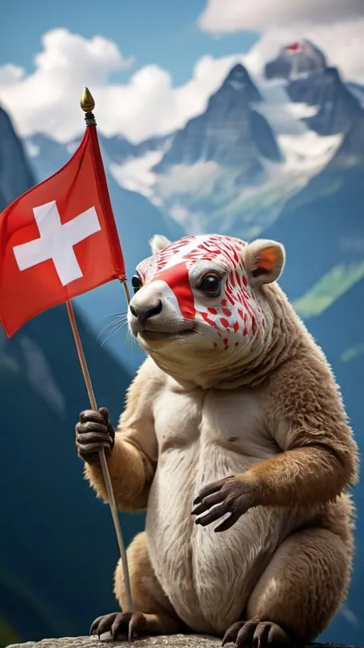 Prompt: Weird animal holding Swiss flag 