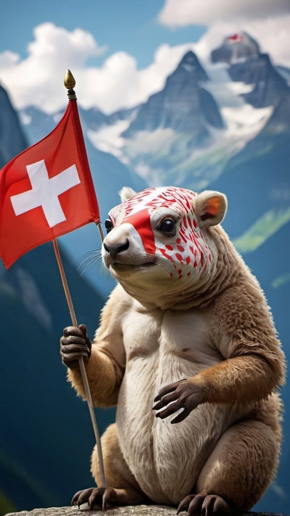 Prompt: Weird animal holding Swiss flag 