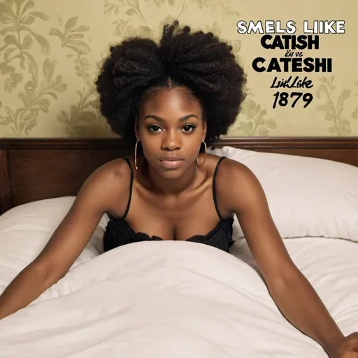Prompt: Album cover called “Smells like Catfish”. Pretty Black woman on bed. 1879s style.