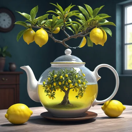 Prompt: Surreal fantasy lemon tree in teapot. UHD. HDR. 8K. Photorealistic. Surrealism 