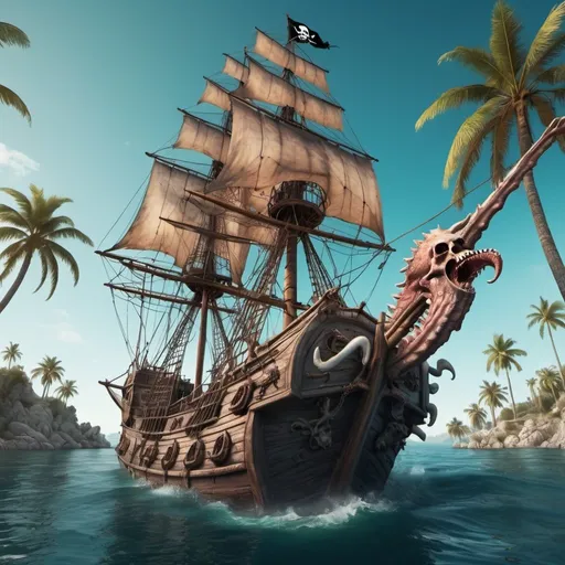 Prompt: Surreal Kraken attacks pirate galleon. Palm trees. Surrealism. UHD. 8K. HDR. photorealistic 