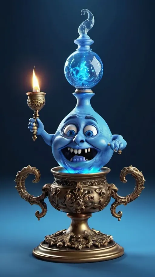 Prompt: Grotesque blue genii with magic lamp. UHD. 