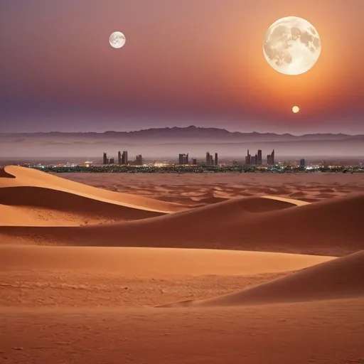Prompt: Desert landscape at dusk. Arabian city in distance. Three moons