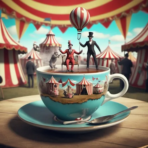 Prompt: Surreal fantasy circus in cup of tea. Surrealism. UHD. 8K. HDR. photorealistic 