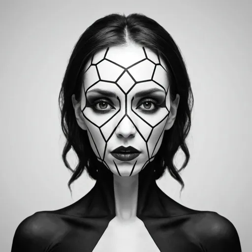Prompt: Grotesque hexagon woman. Black and white. 