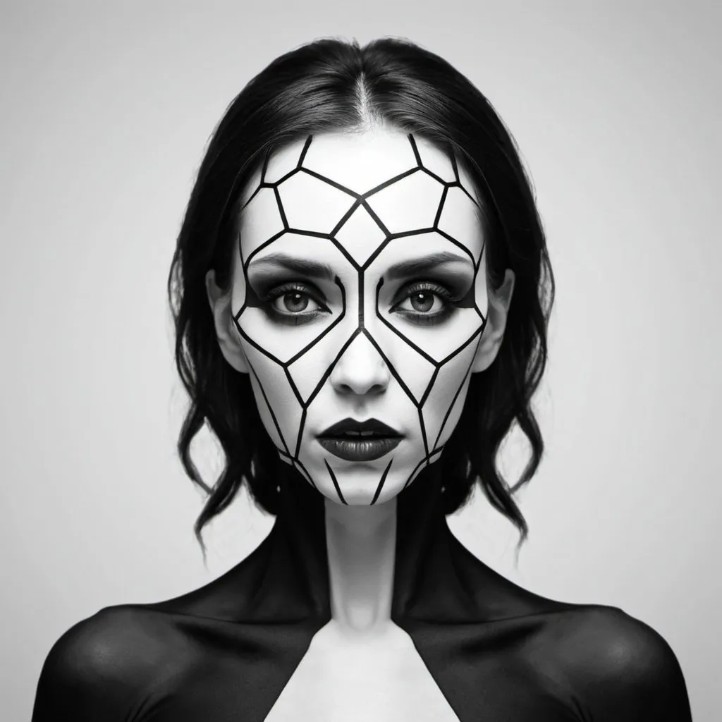 Prompt: Grotesque hexagon woman. Black and white. 