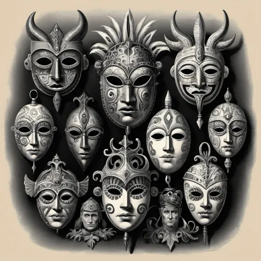 Prompt: Surreal Victorian illustration of different tribal masks. Surrealism. 