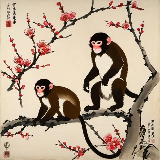 Prompt: Plum blossoms and monkeys