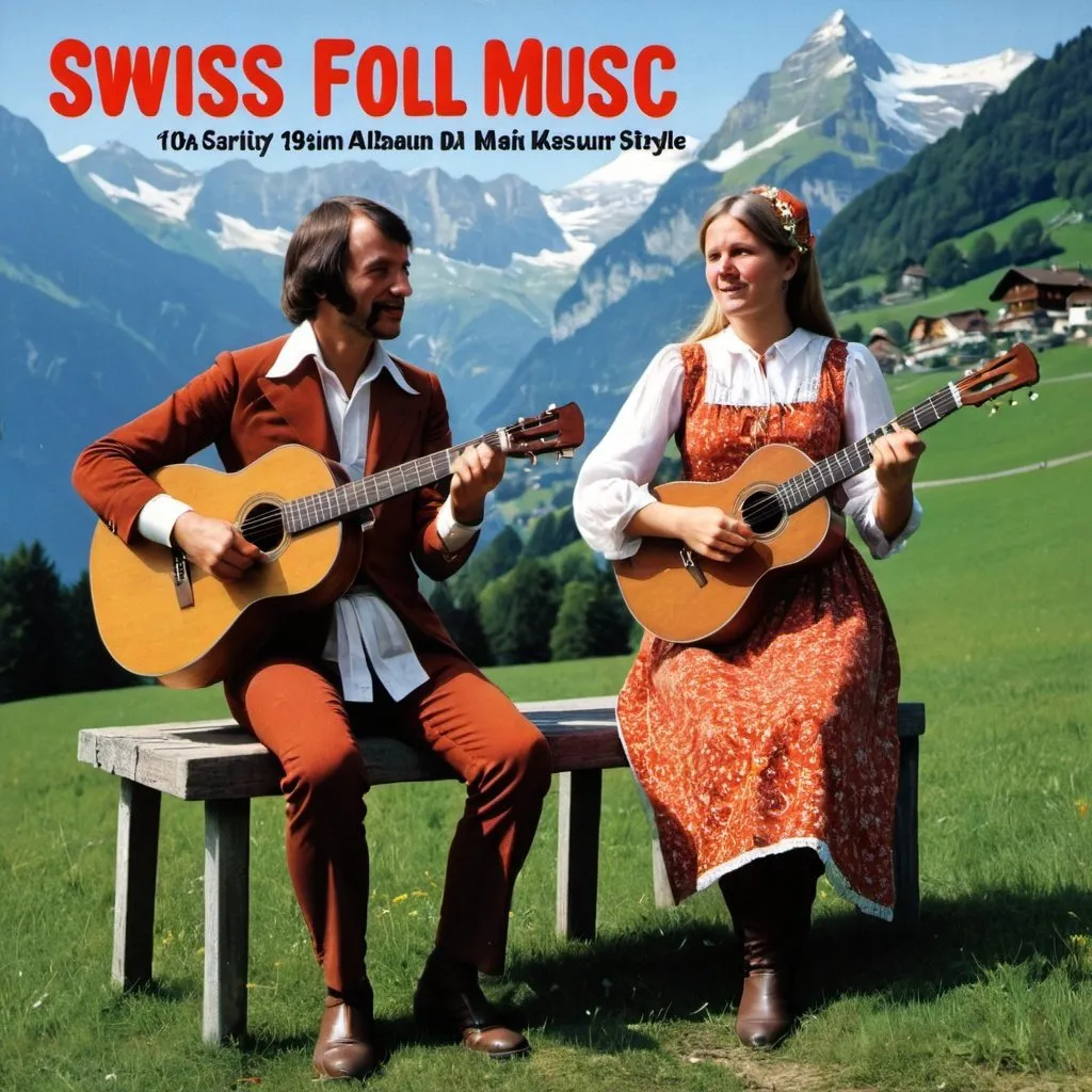 Prompt: Swiss folk music album cover. 1970s style. 