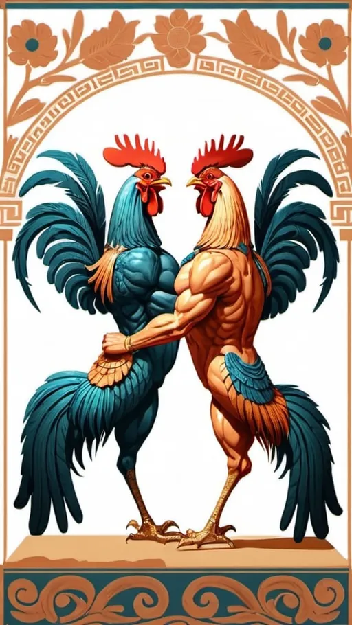 Prompt: Two roosters fighting in Ancient Greek style 