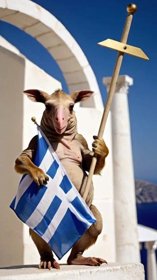 Prompt: Weird animal holding Greek flag