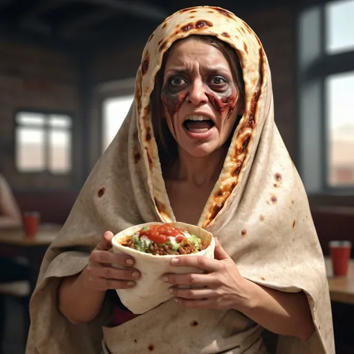 Prompt: Grotesque burrito woman. UHD. HDR. 8K. Photorealistic. Full length. Full body 