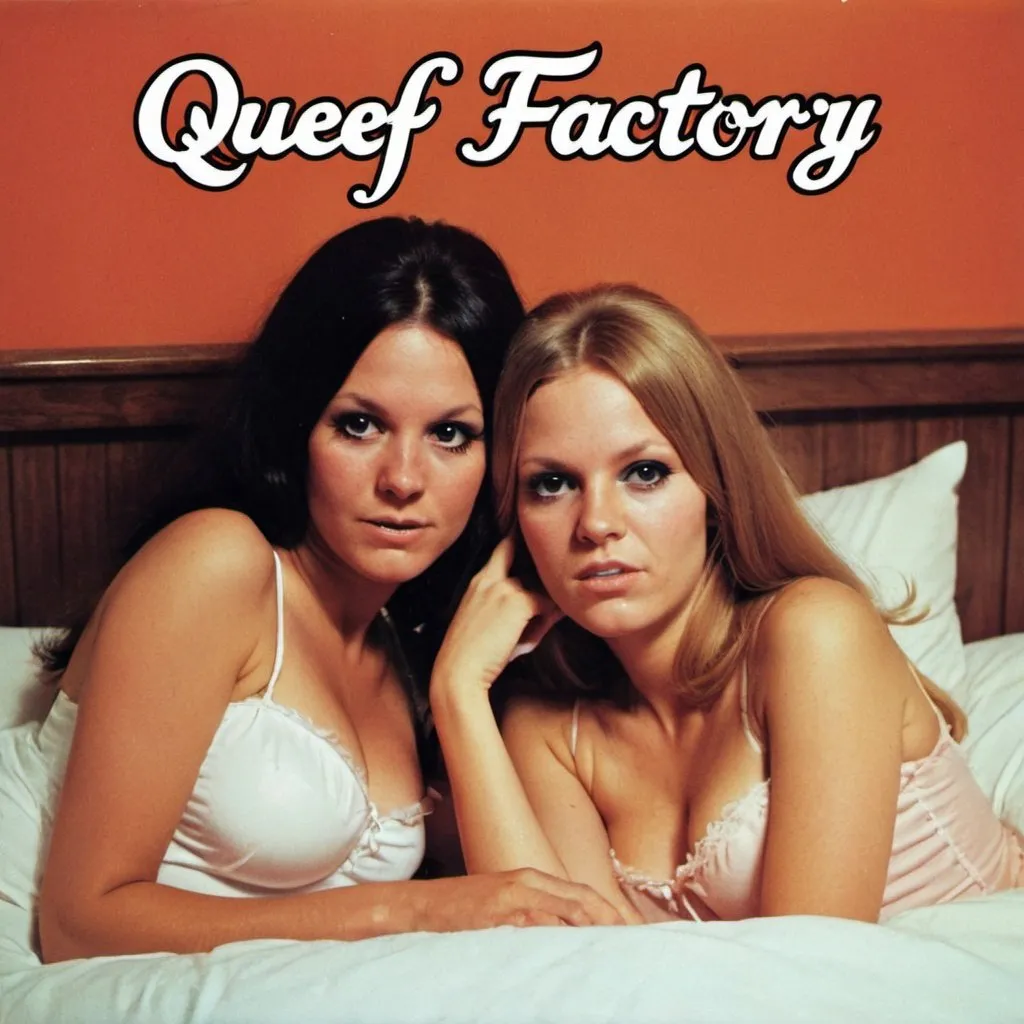 Prompt: Album cover called “Queef Factory”. Two pretty women in bed. 1970s style  