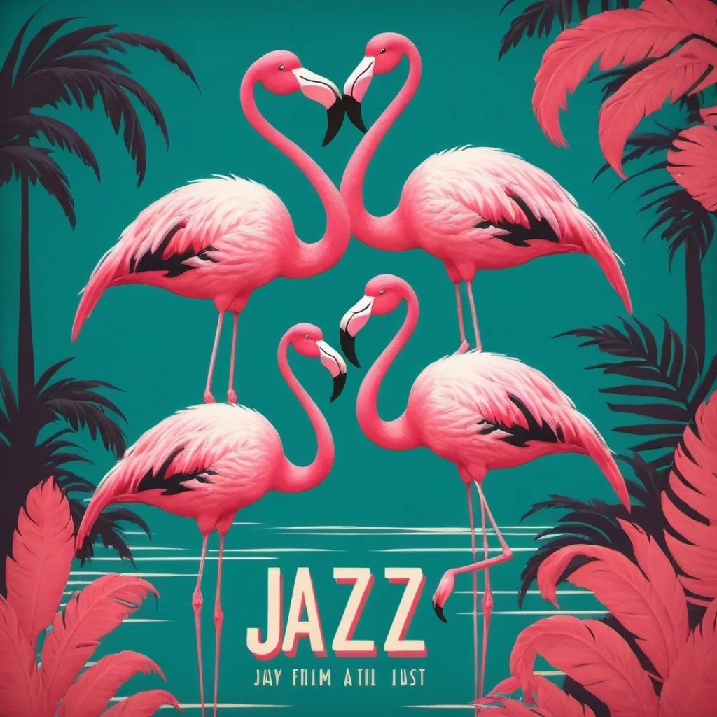 Prompt: Retro jazz album cover with flamingos 