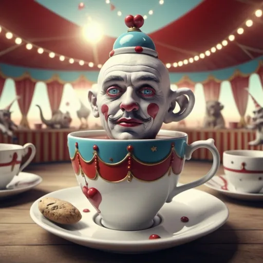 Prompt: Surreal fantasy circus in cup of tea. Surrealism. UHD. 8K. HDR. photorealistic 