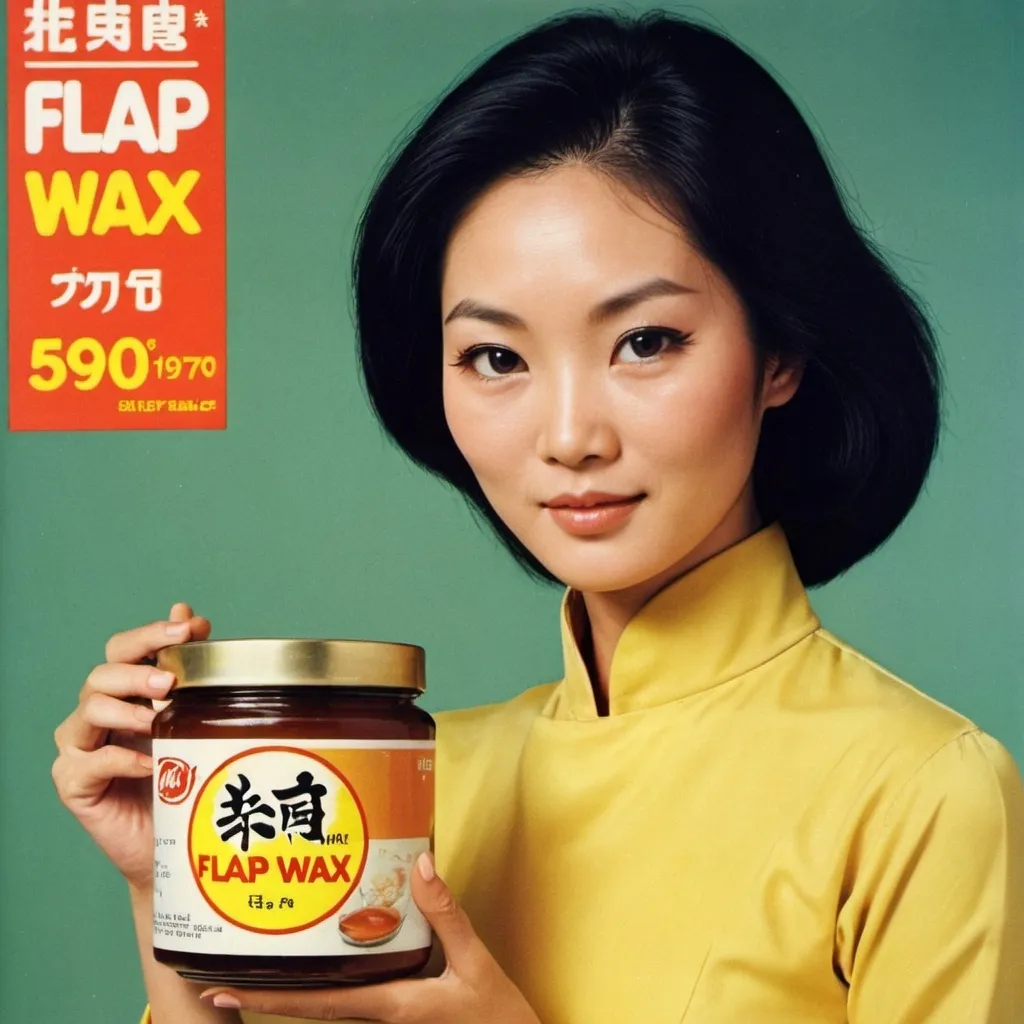 Prompt: Advert for “Flap Wax”. Pretty Asian woman holding jar. 1970s style