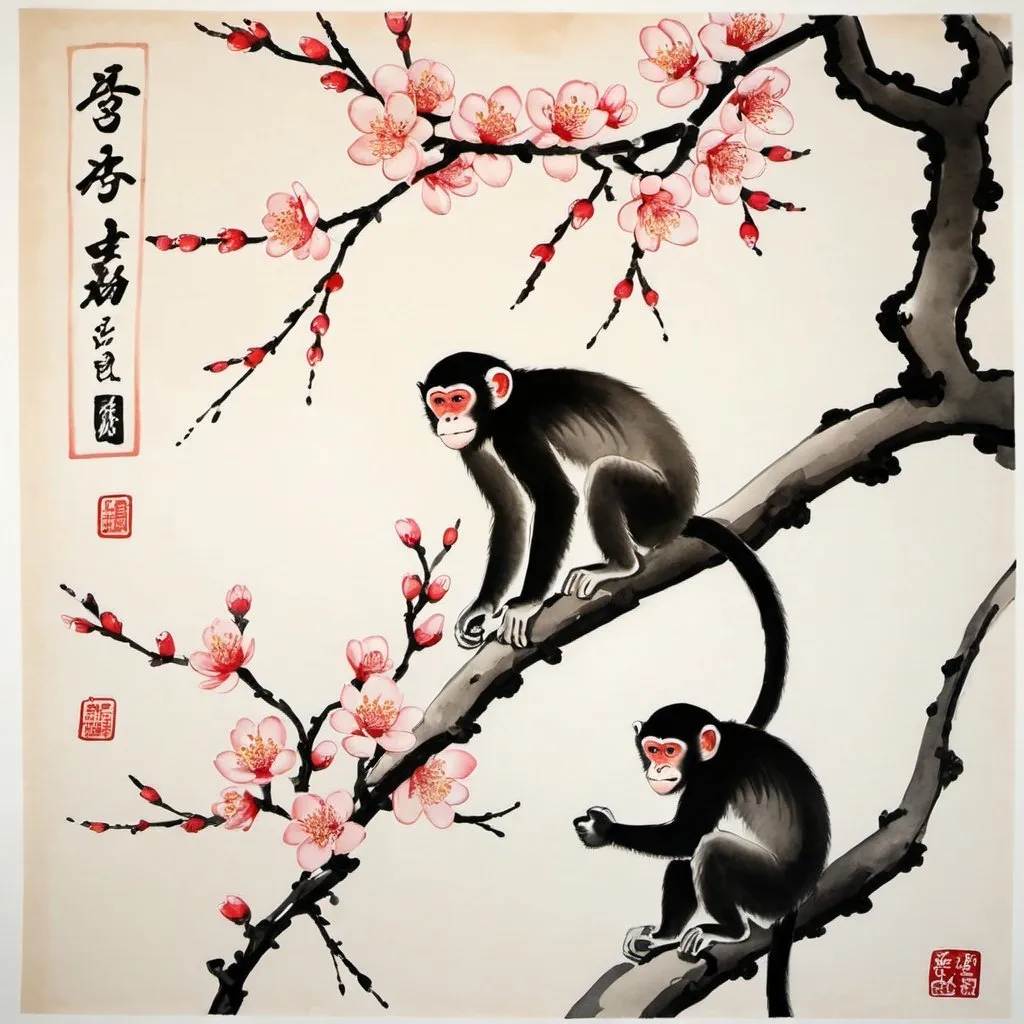 Prompt: Apricot blossom and monkeys. Japanese ink painting 
