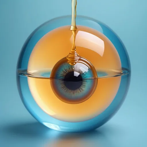 Prompt: Floating honey sphere, slight dripping on the edge, detailed illustration of the human eye in blue inside the sphere, smooth pastel gradients in the background, high quality, detailed, pastel tones, surreal, detailed eye, floating design, artistic, dreamy lighting