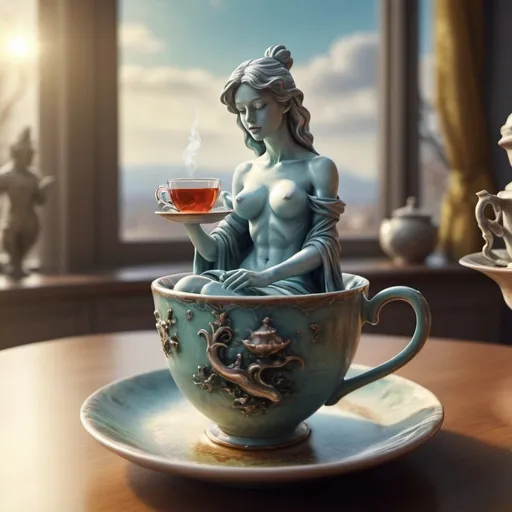 Prompt: Fantasy statue in cup of tea. Surrealism. Photorealistic.HDR. UHD. 8K 