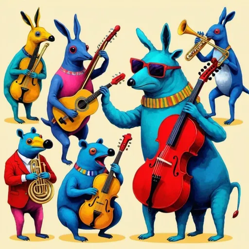 Prompt: Weird colourful animals playing instruments 