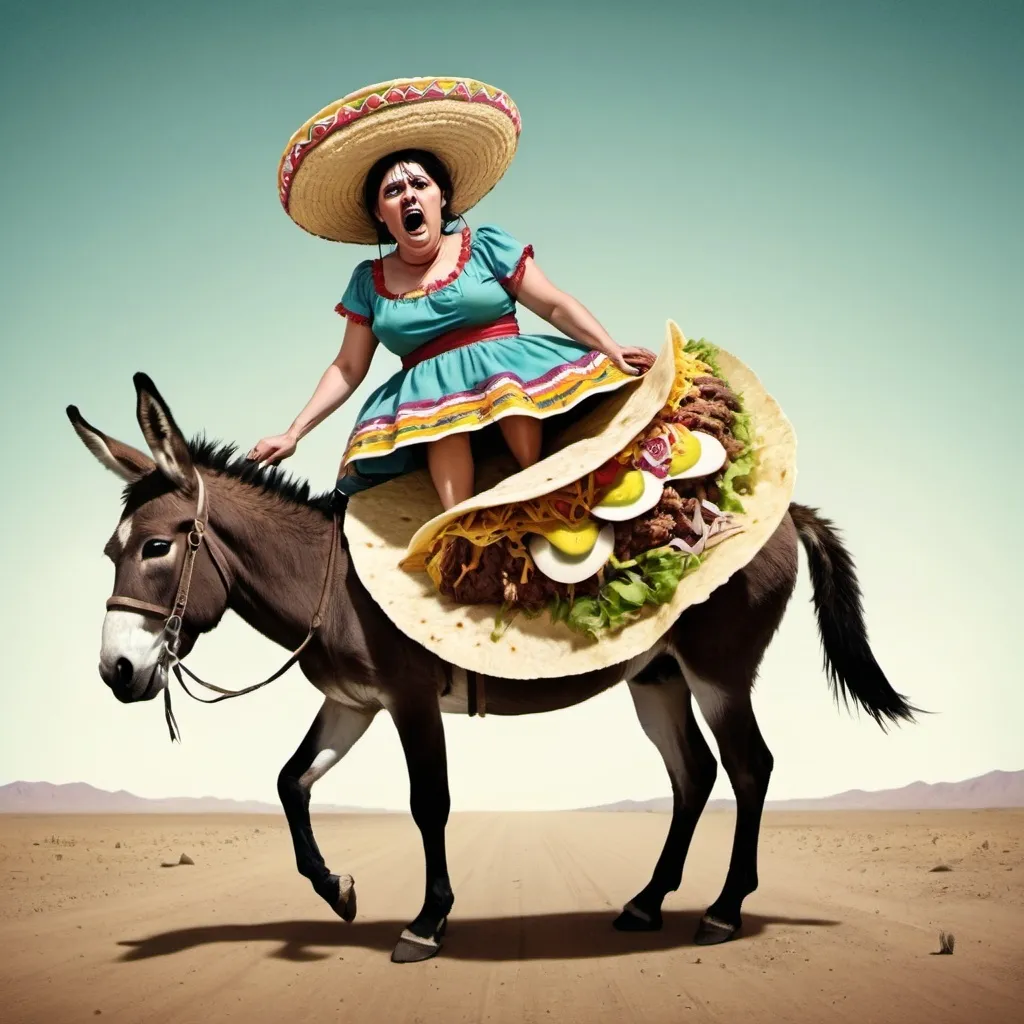 Prompt: Surreal grotesque taco woman stuck on donkey. 