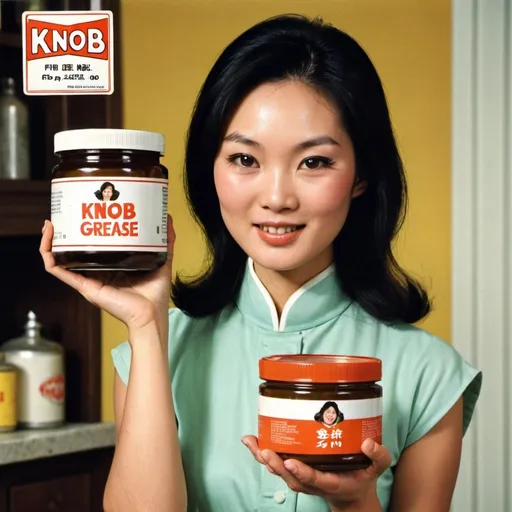 Prompt: Advert for “Knob Grease”. Pretty Asian Woman holding jar 1970s style.  