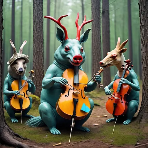 Prompt: Freakish animals playing music in forest. Surreal 