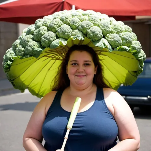 Prompt: Fat woman holding cauliflower umbrella 