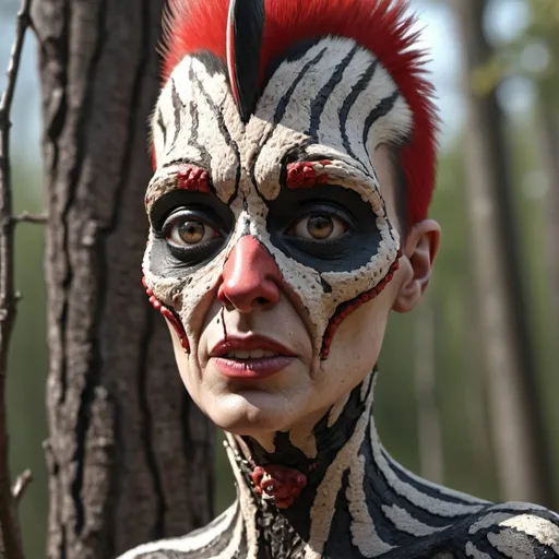 Prompt: Grotesque woodpecker woman. UHD. HDR. 8K. Photorealistic. 