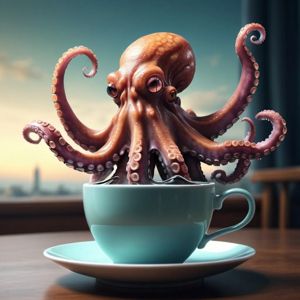 Prompt: Surreal fantasy octopus in cup of tea. Surrealism. UHD. 8K. HDR. photorealistic 