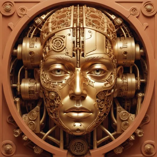 Prompt: Surreal machine. Gold. Terracotta. Complex.