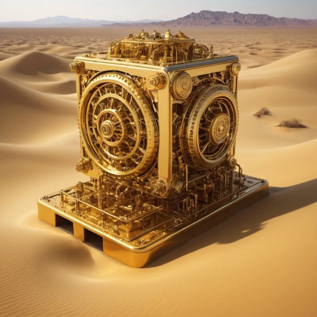 Prompt: Surreal machine. Gold. Complex. Desert. 