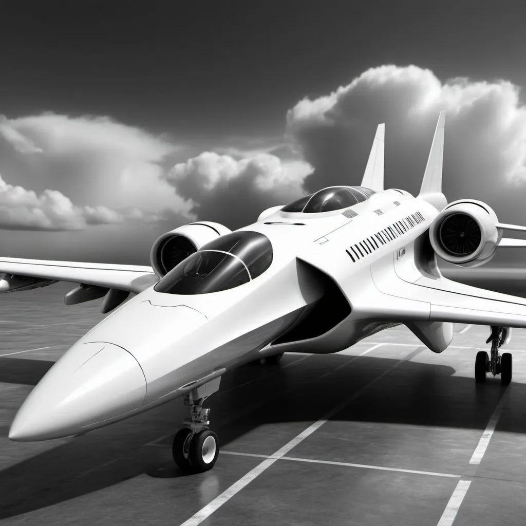 Prompt: Futuristic aircraft. UHD. HDR 8K. Photorealistic. Black and white. Super detailed. Professional photography 