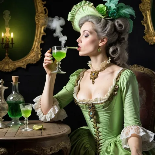 Prompt: Rococo woman drinking absinthe