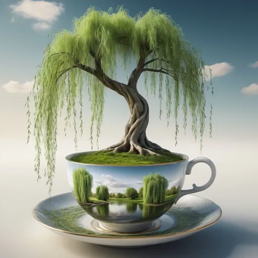 Prompt: Surreal fantasy willow tree in tea cup. UHD. HDR. 8K. Photorealistic. Surrealism 