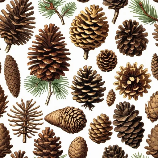 Prompt: Victorian illustration of different types of pine cones